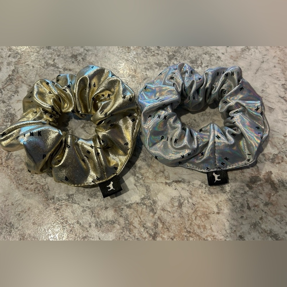VS Pink Hair Scrunchies Metallic logo Set of 2